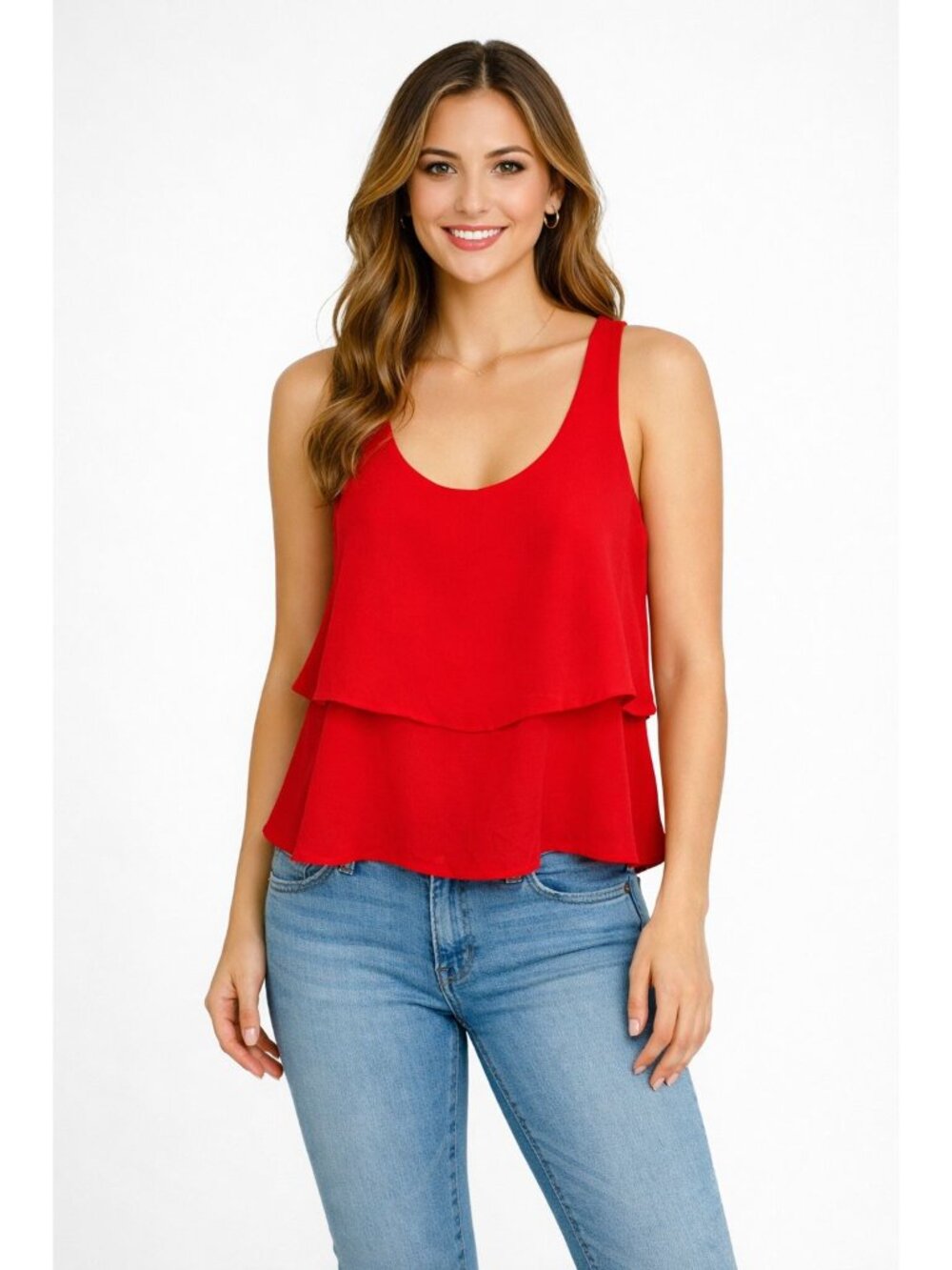 Paper Crane Blouse Womens Small Red Sleeveless Cropped Scalloped Ruffle layers